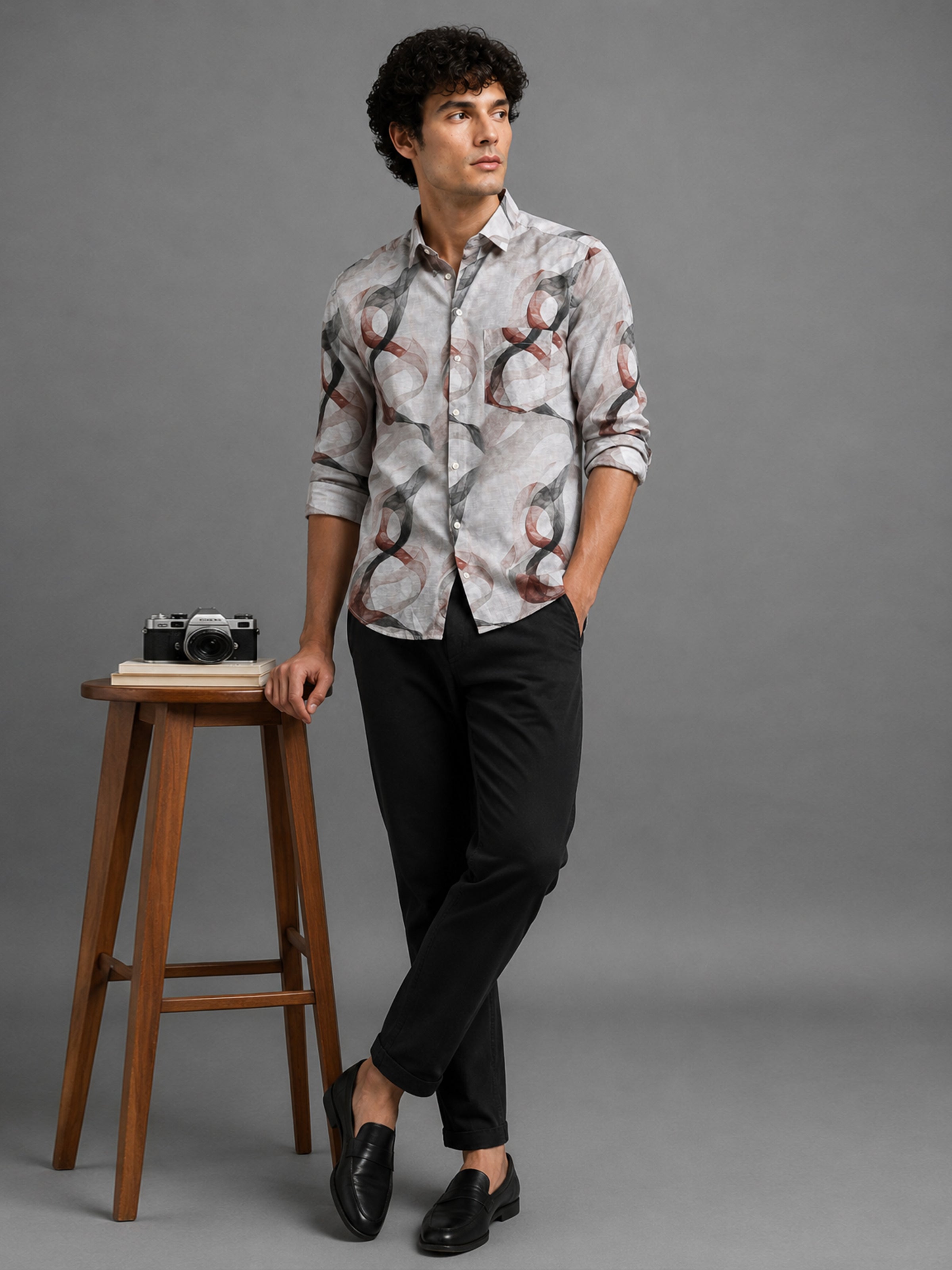 Men Light Brown Slim Fit Artistic Abstract Print Full Sleeve Casual Shirt
