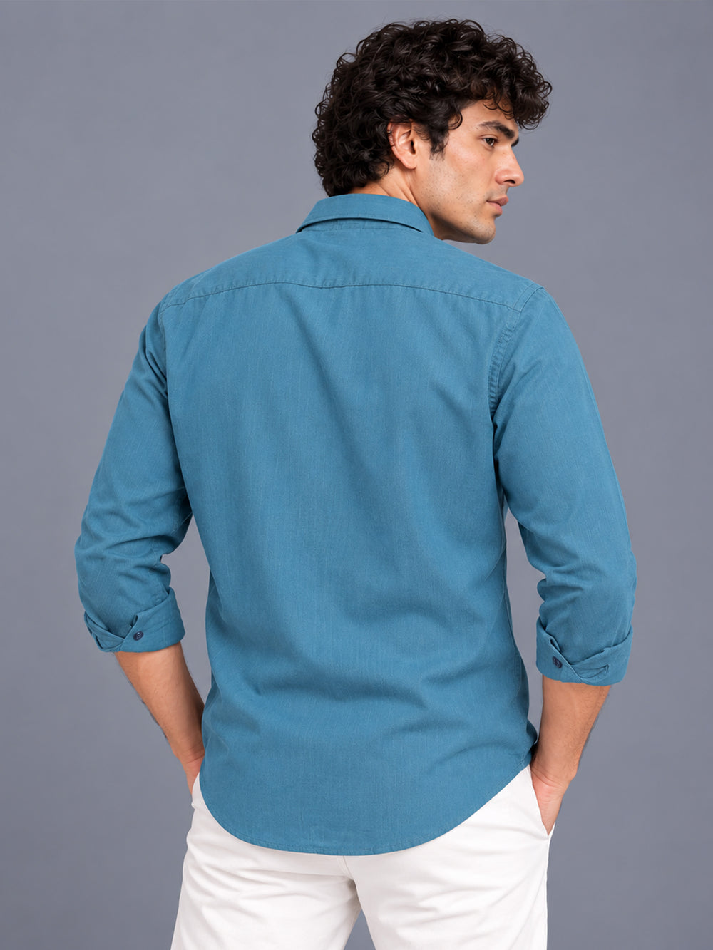 Men's Blue Linen Textured Slim Fit Solid Casual Shirt