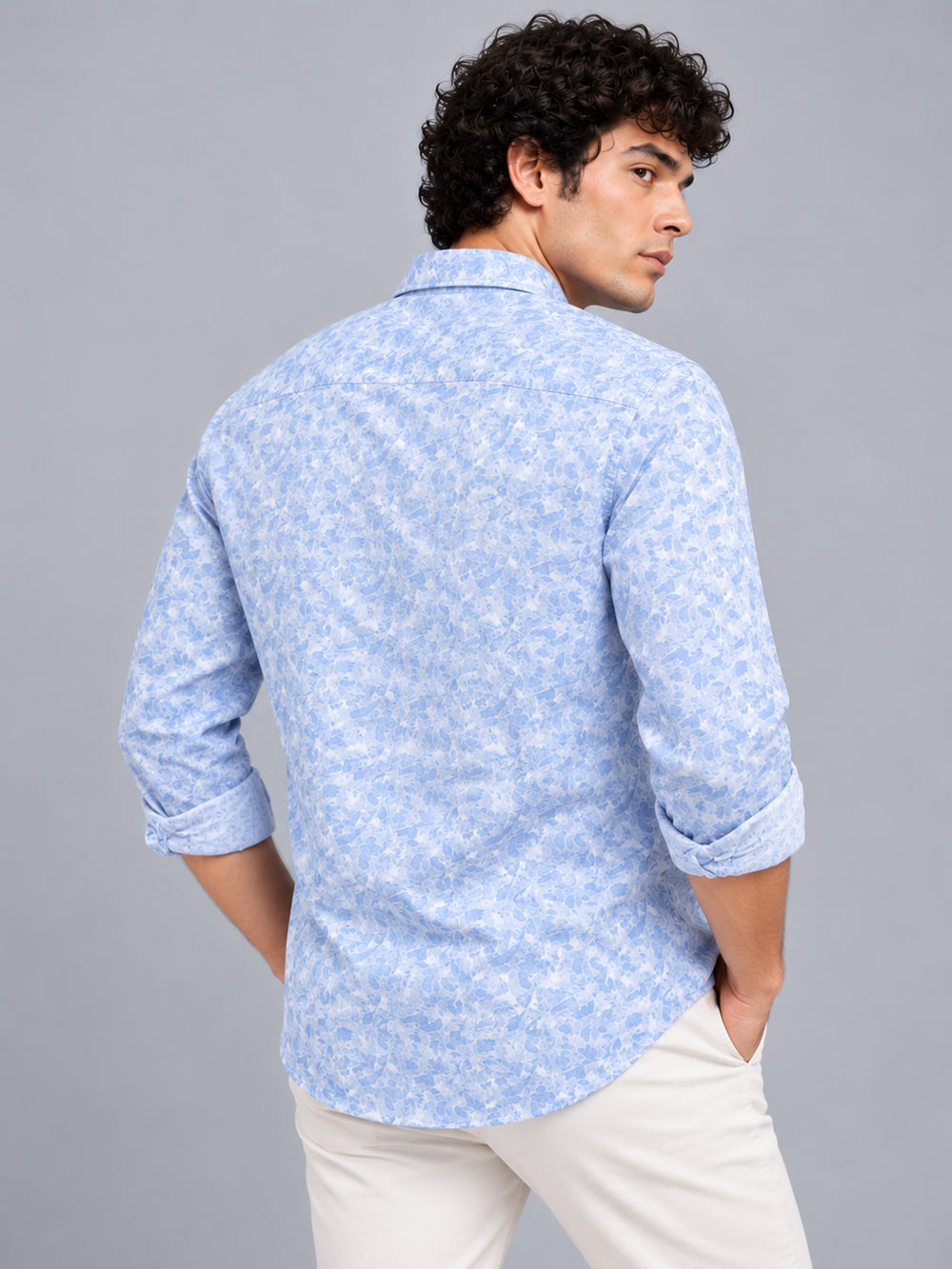 Men’s Sky Blue Slim Fit Floral Printed Casual Shirt