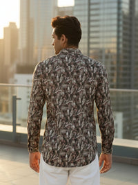 Men Brown Leaf Print Full Sleeve Slim Fit Casual Shirts