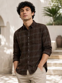 Men Dark Brown Slim Fit Windowpane Check Full Sleeve Casual Shirt