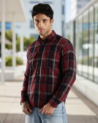 Men Red Turquoise Textured Checks Slim Fit Double Pocket Full Sleeve Shirt