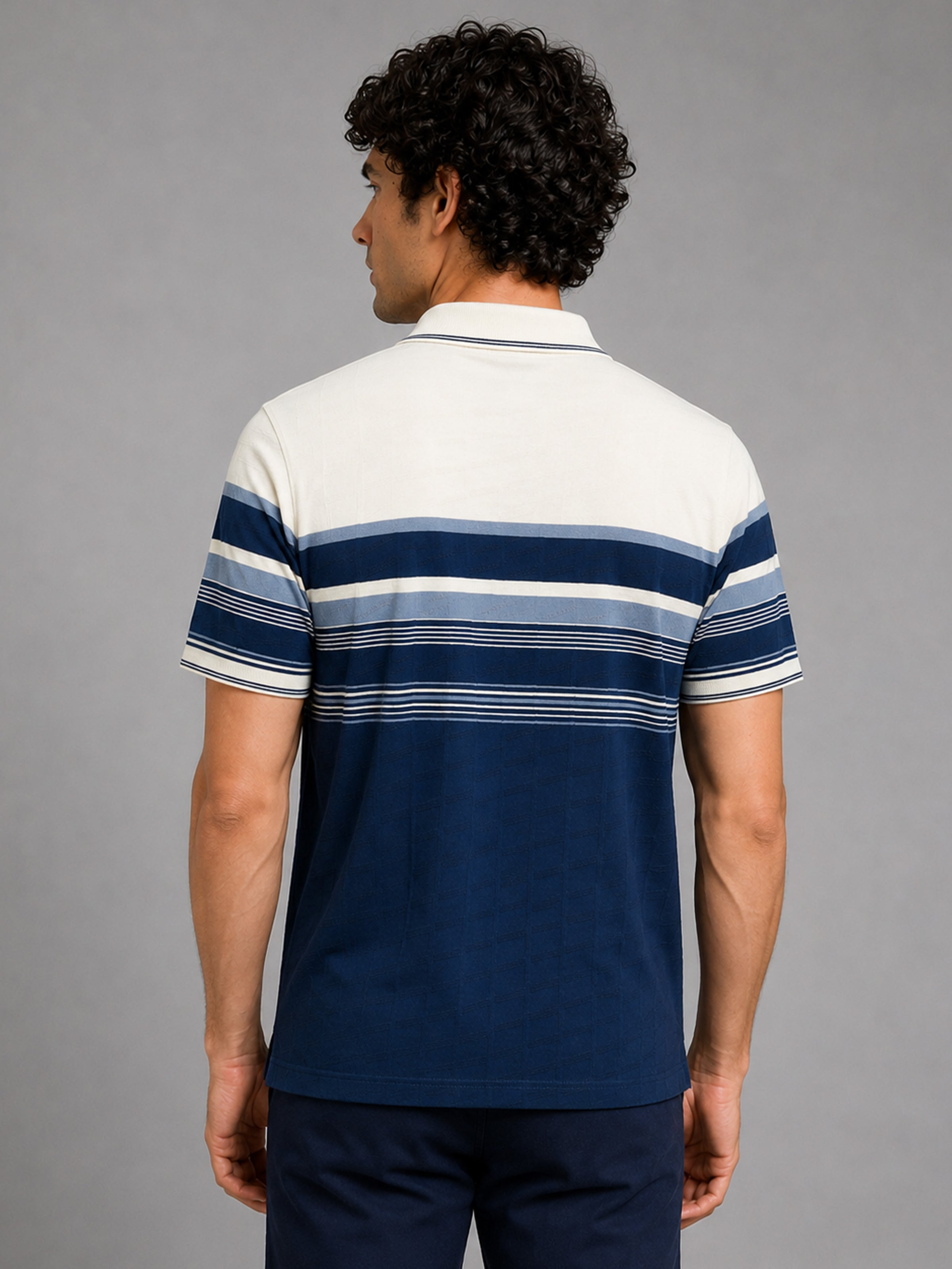 Men Blue Slim Fit Striped Polo Collar Casual T-Shirt with Chest Pocket