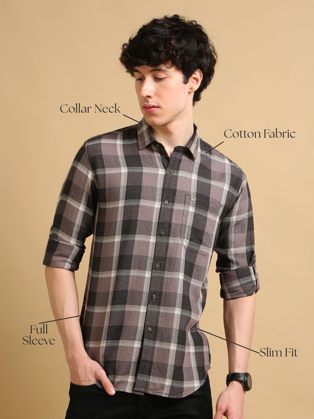 Men Grey Slim Fit Checks Full Sleeve Casual Shirt