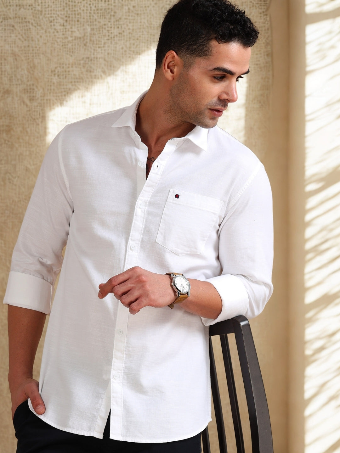 Men White Slim Fit Solid Full Sleeve Casual Shirt