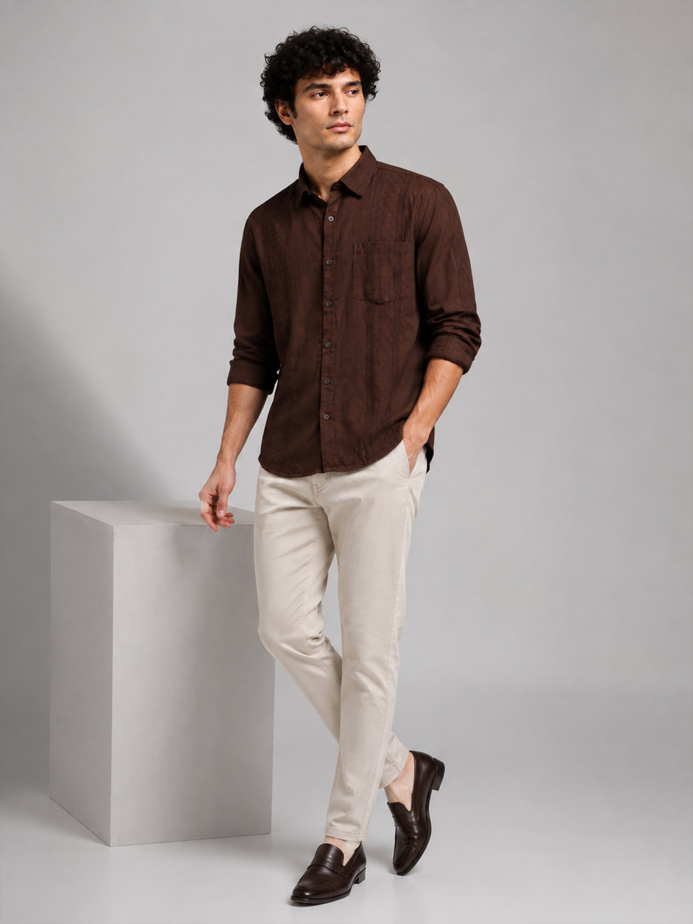 Men Brown Slim Fit Embroidered Full Sleeve Casual Shirt