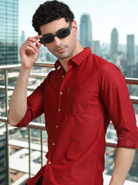 Men Red Full Sleeve knitted Dobby Casual Shirt