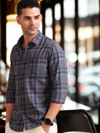Men Dark Grey Slim Fit Checks Full Sleeve Casual Shirt