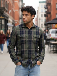 Olive Turquoise Textured Checks Slim Fit Double Pocket Full Sleeve Shirt