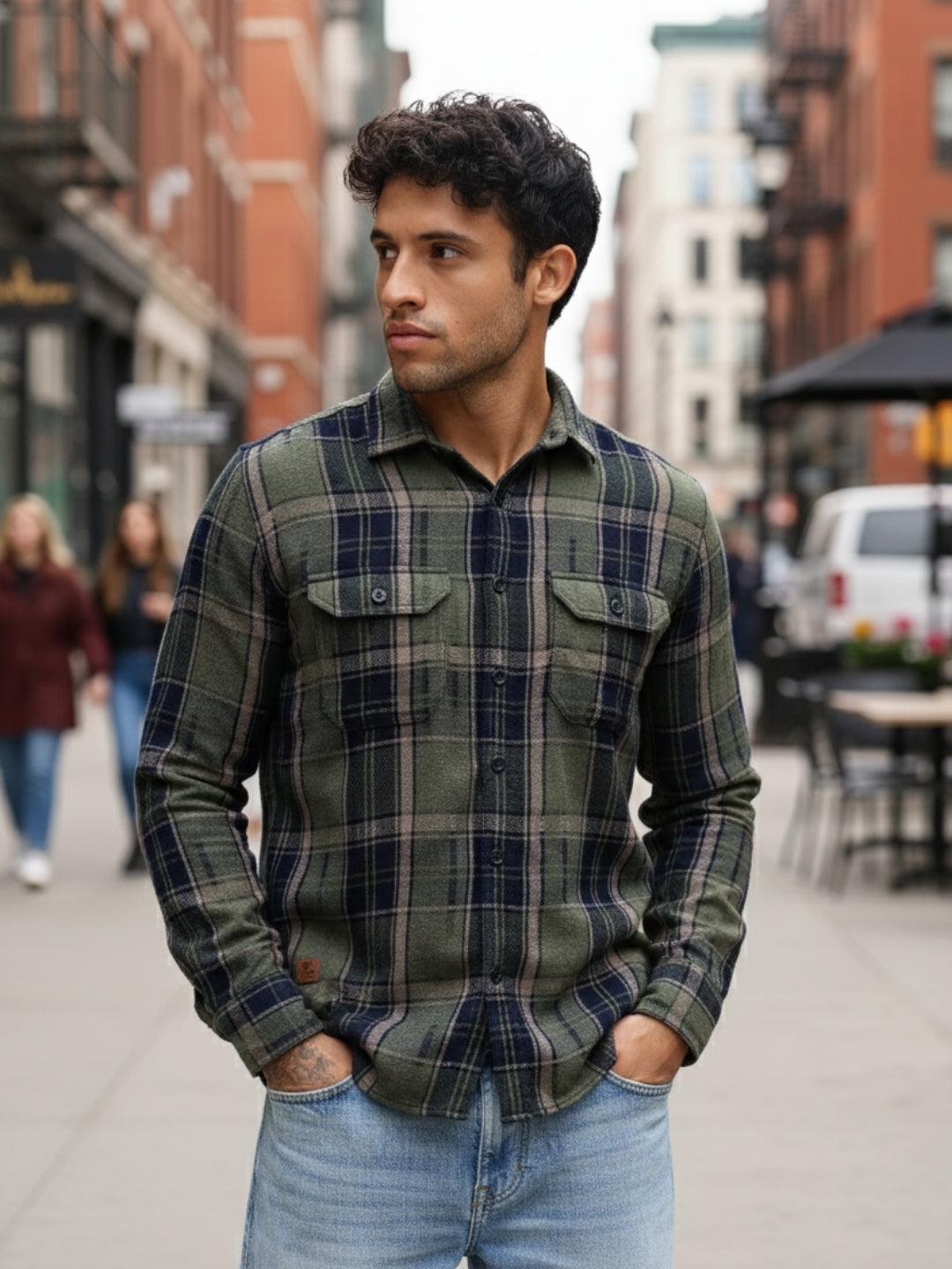Olive Turquoise Textured Checks Slim Fit Double Pocket Full Sleeve Shirt