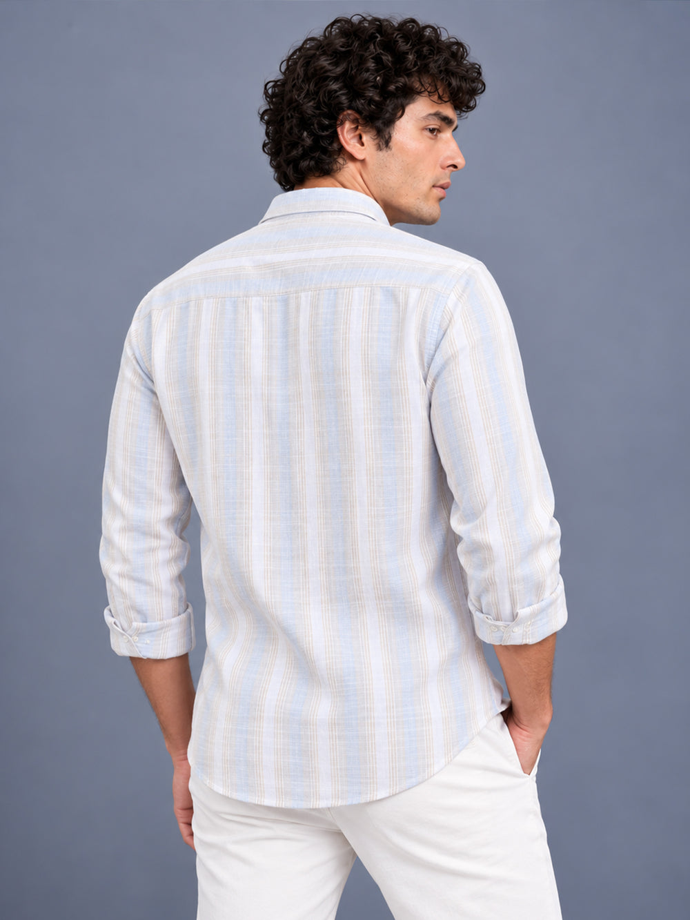 Men Light Grey Slim Fit Striped Casual Shirt