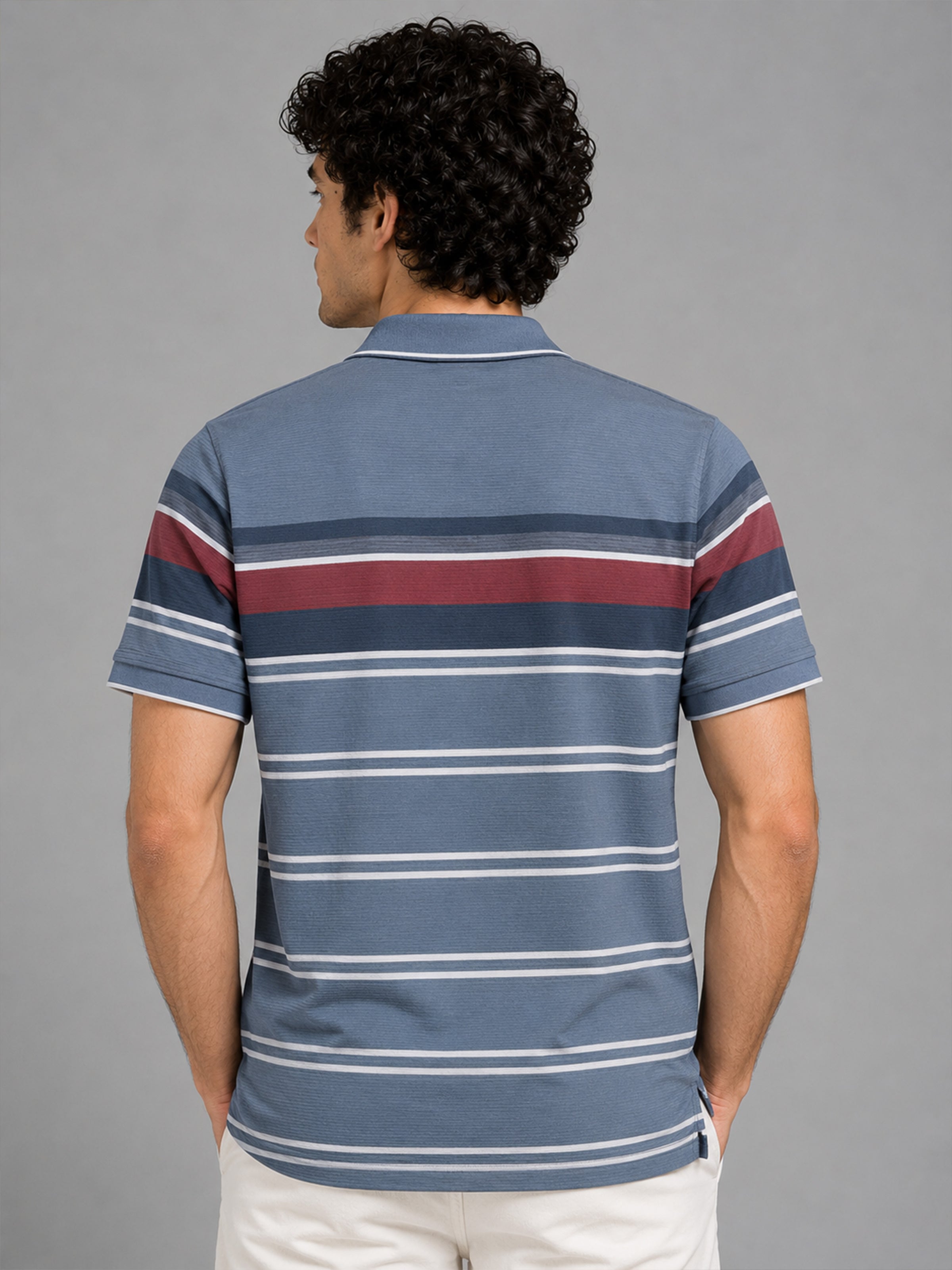 Men’s Blue Slim Fit Textured Striped Short Sleeves Casual Polo T-Shirt