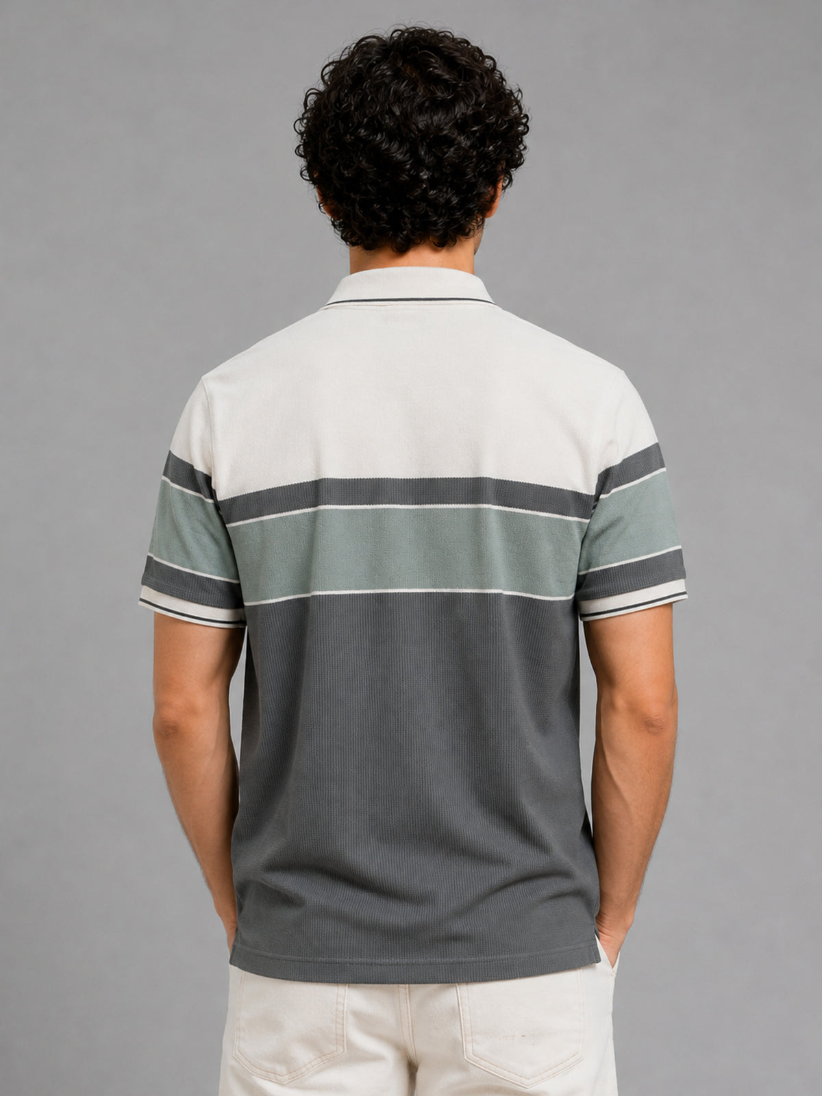 Men Green Slim Fit Color-Block Striped Jacquard Polo T-Shirt