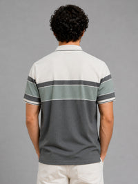 Men Green Slim Fit Color-Block Striped Jacquard Short Sleeves Polo Collar Smart-Casual T-Shirt with Chest Pocket