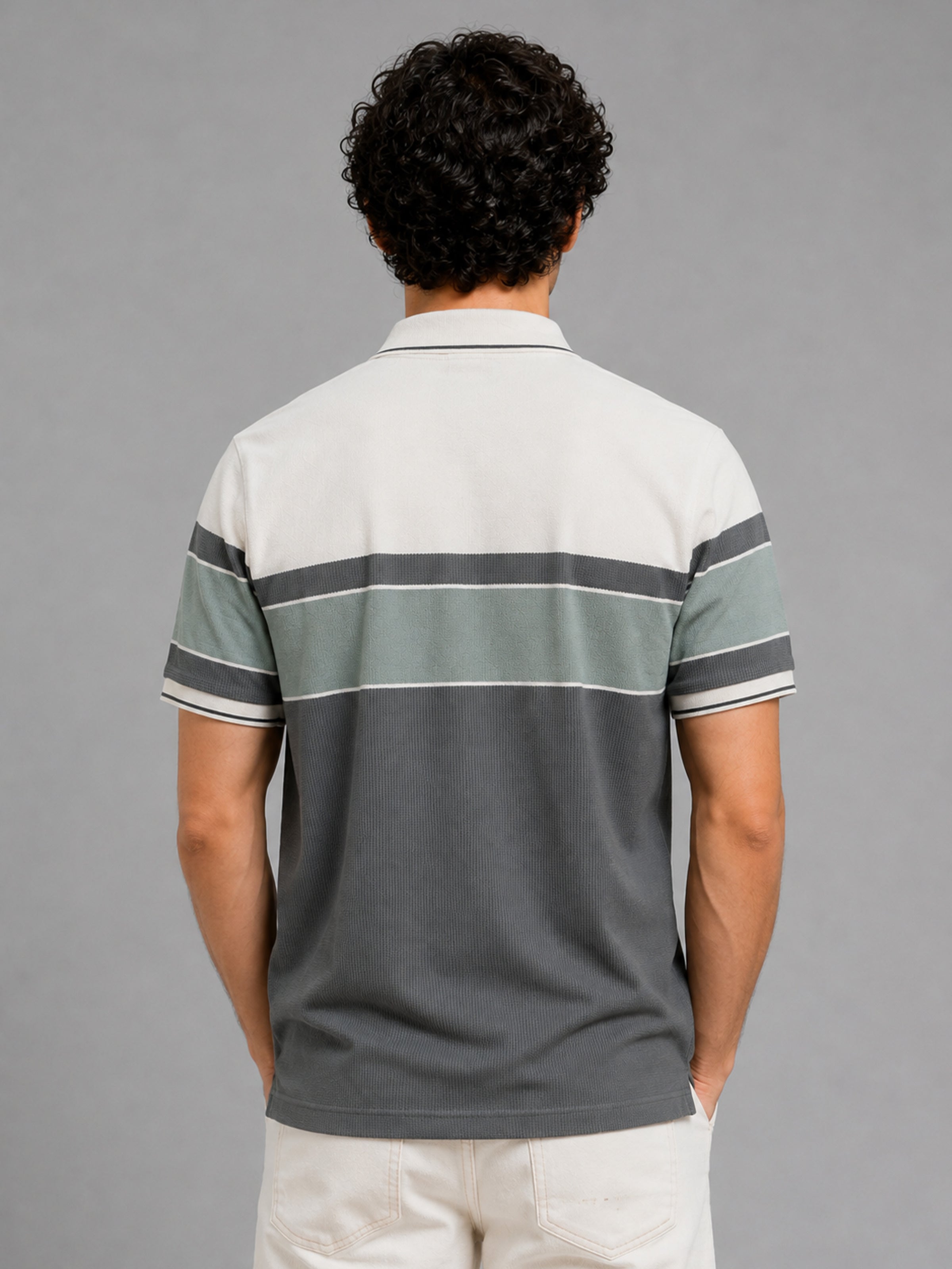 Men Green Slim Fit Color-Block Striped Jacquard Short Sleeves Polo Collar Smart-Casual T-Shirt with Chest Pocket