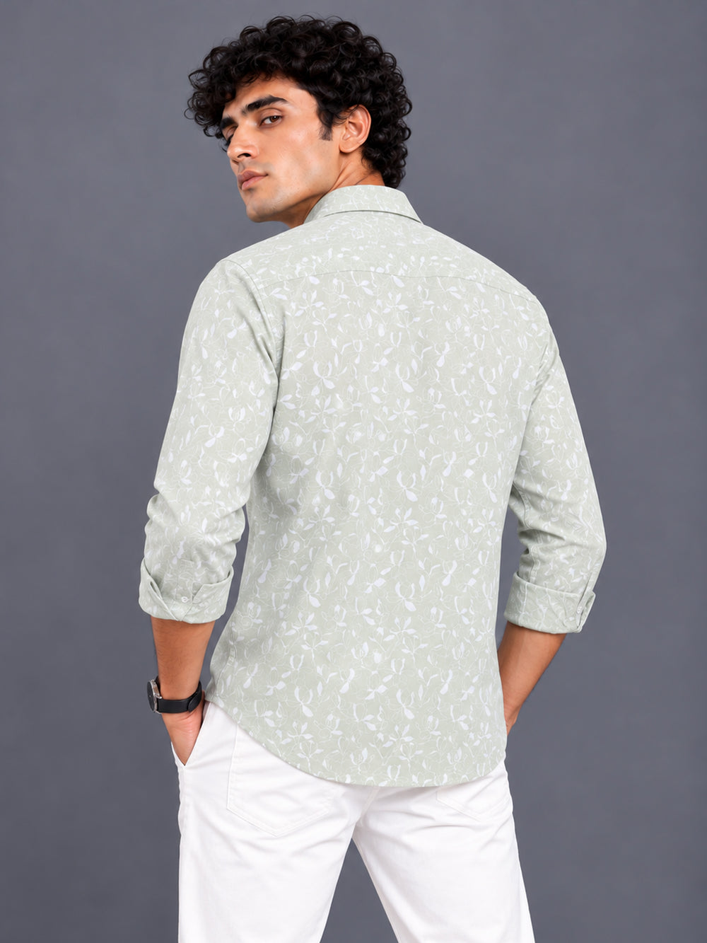 Men Green Floral Printed Slim Fit Casual Shirt