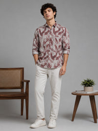Men Brown Slim Fit Abstract Printed Full Sleeve Casual Shirt