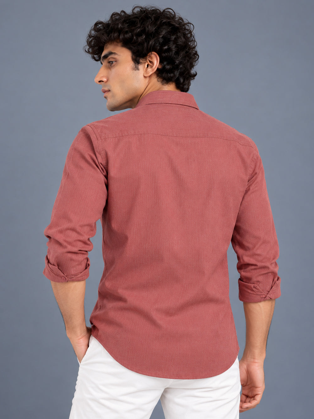 Men's Dusty Rose Linen Textured Slim Fit Solid Casual Shirt
