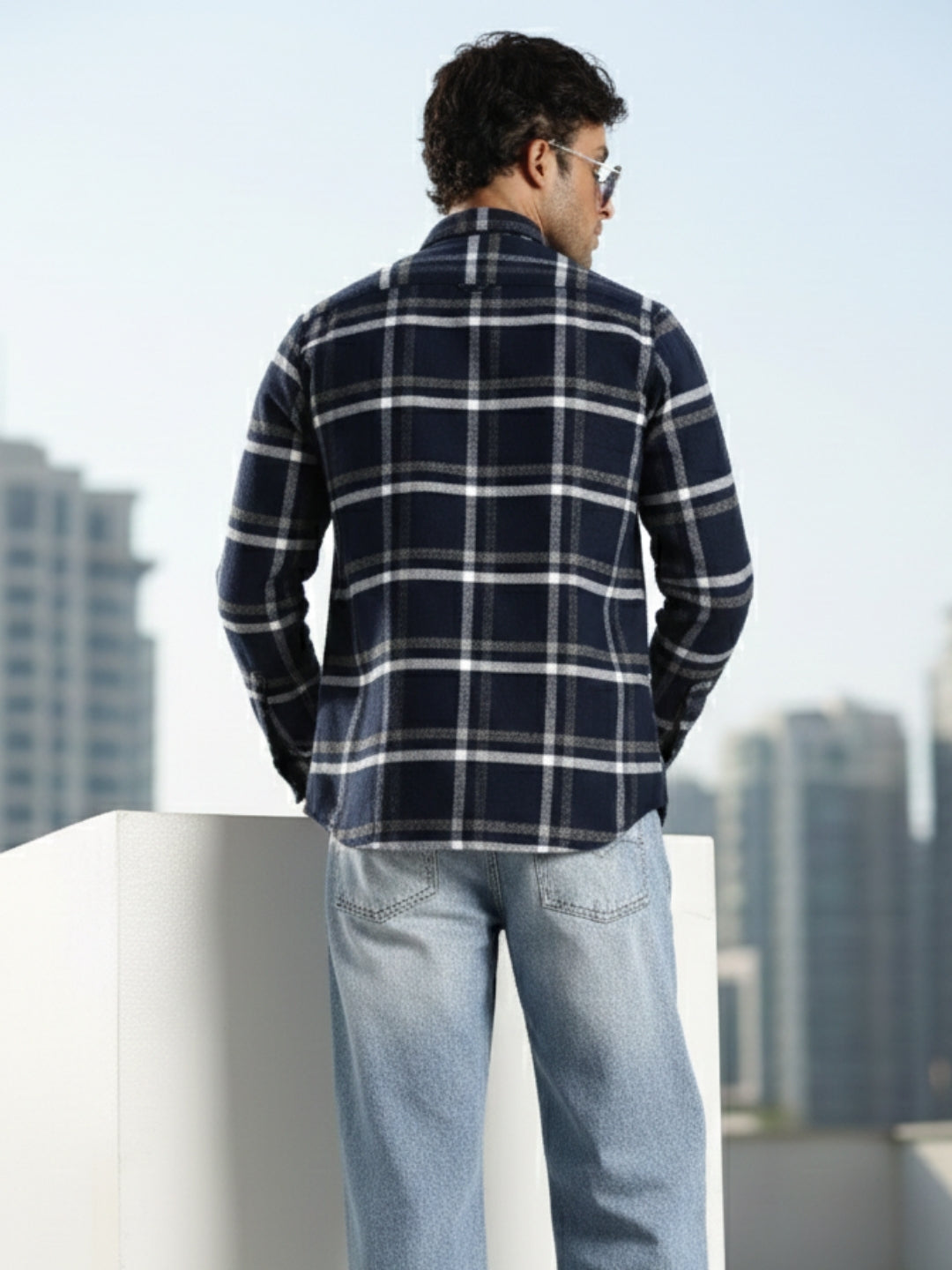 Men Navy Cotton Slim Fit Full Sleeve Checkered Shirt