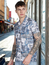 Blue Abstract Floral Print Slim Fit Half Sleeve Cuban Collar Shirt