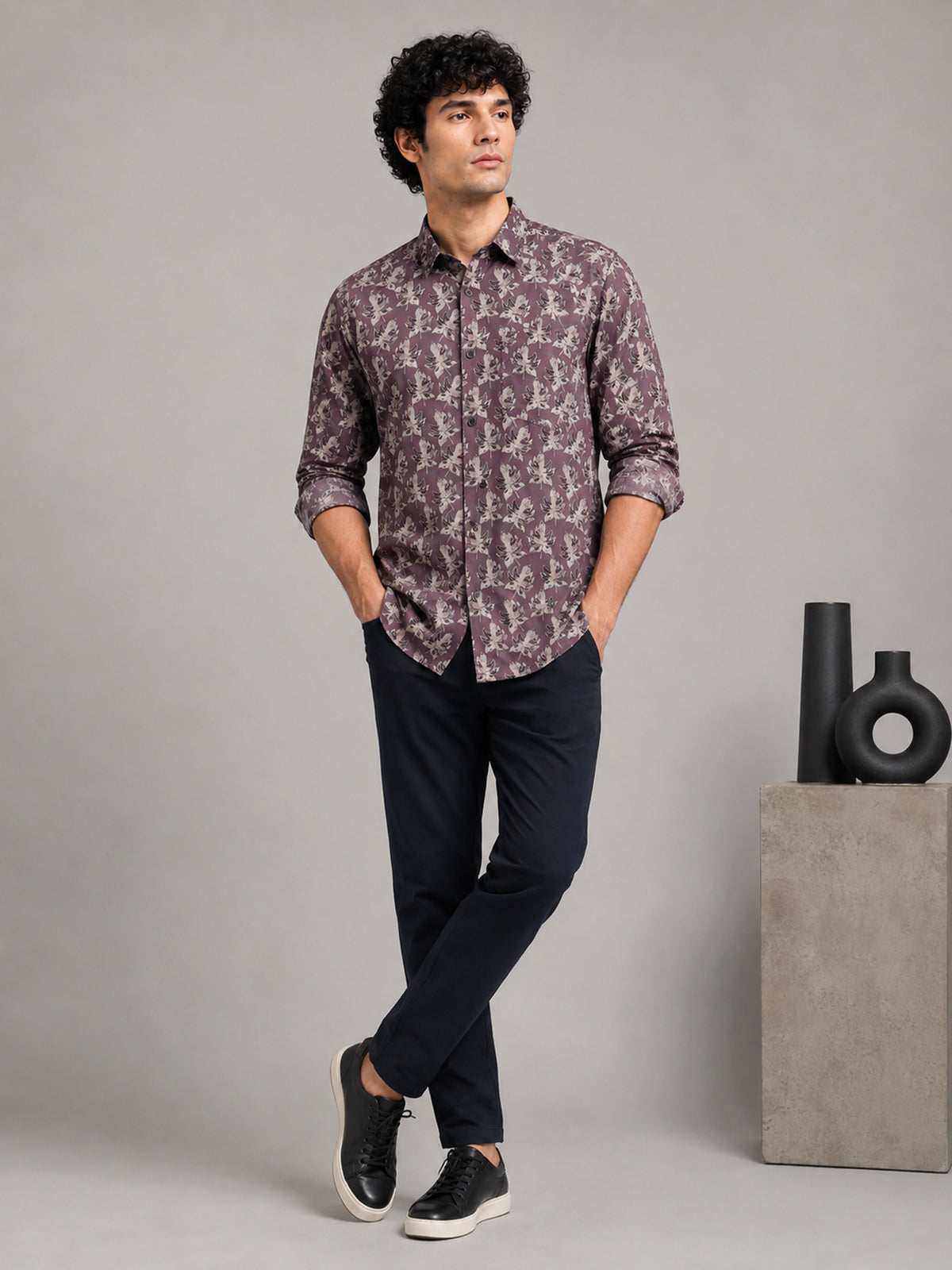Men Purple Slim Fit Leaf Printed Full Sleeve Casual Shirt