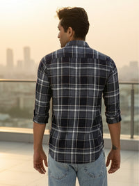 Men Navy Textured Check Full Sleeve Slim Fit Casual Shirts