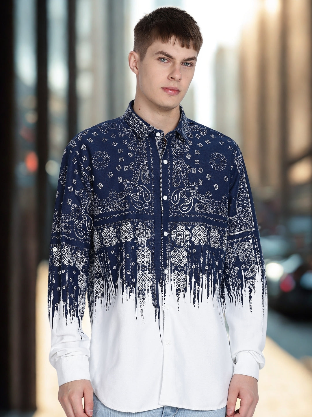 Navy Floral Print Slim Fit Full Sleeve Casual Shirt