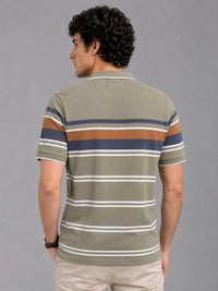 Men’s Olive Slim Fit Textured Striped Short Sleeves Casual Polo T-Shirt
