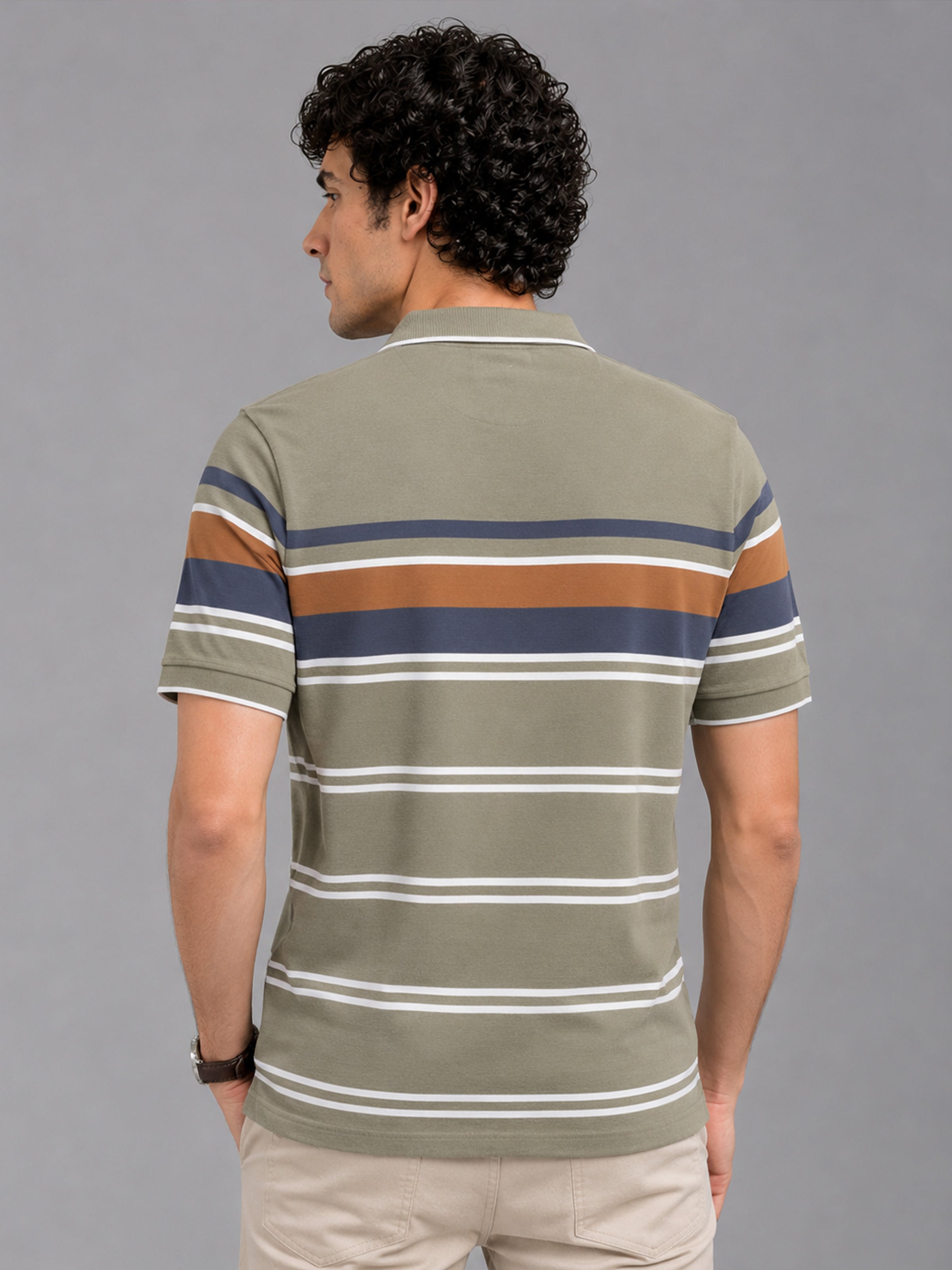 Men’s Olive Slim Fit Textured Striped Short Sleeves Casual Polo T-Shirt
