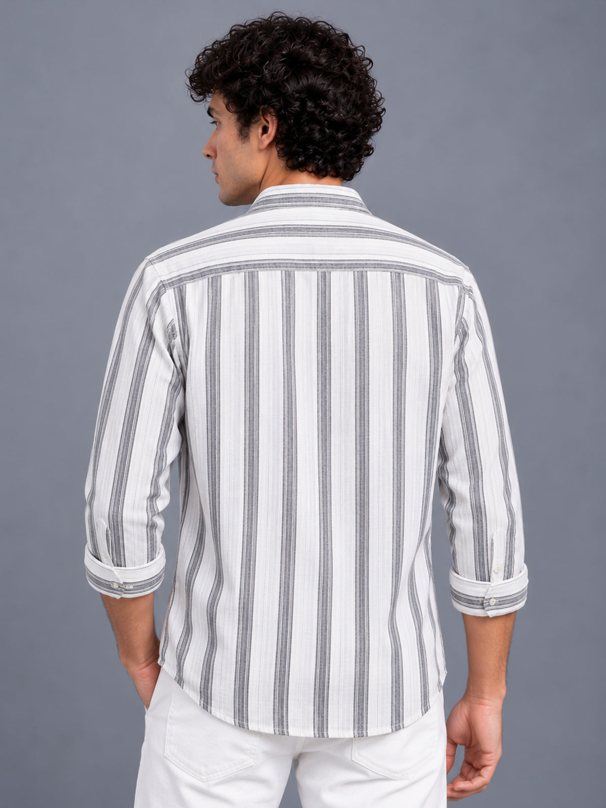 Men White Vertical Striped Slim Fit Casual Shirt