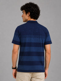 Men Indigo Slim Fit Striped Jacquard Polo Collar Casual T-Shirt with Chest Pocket