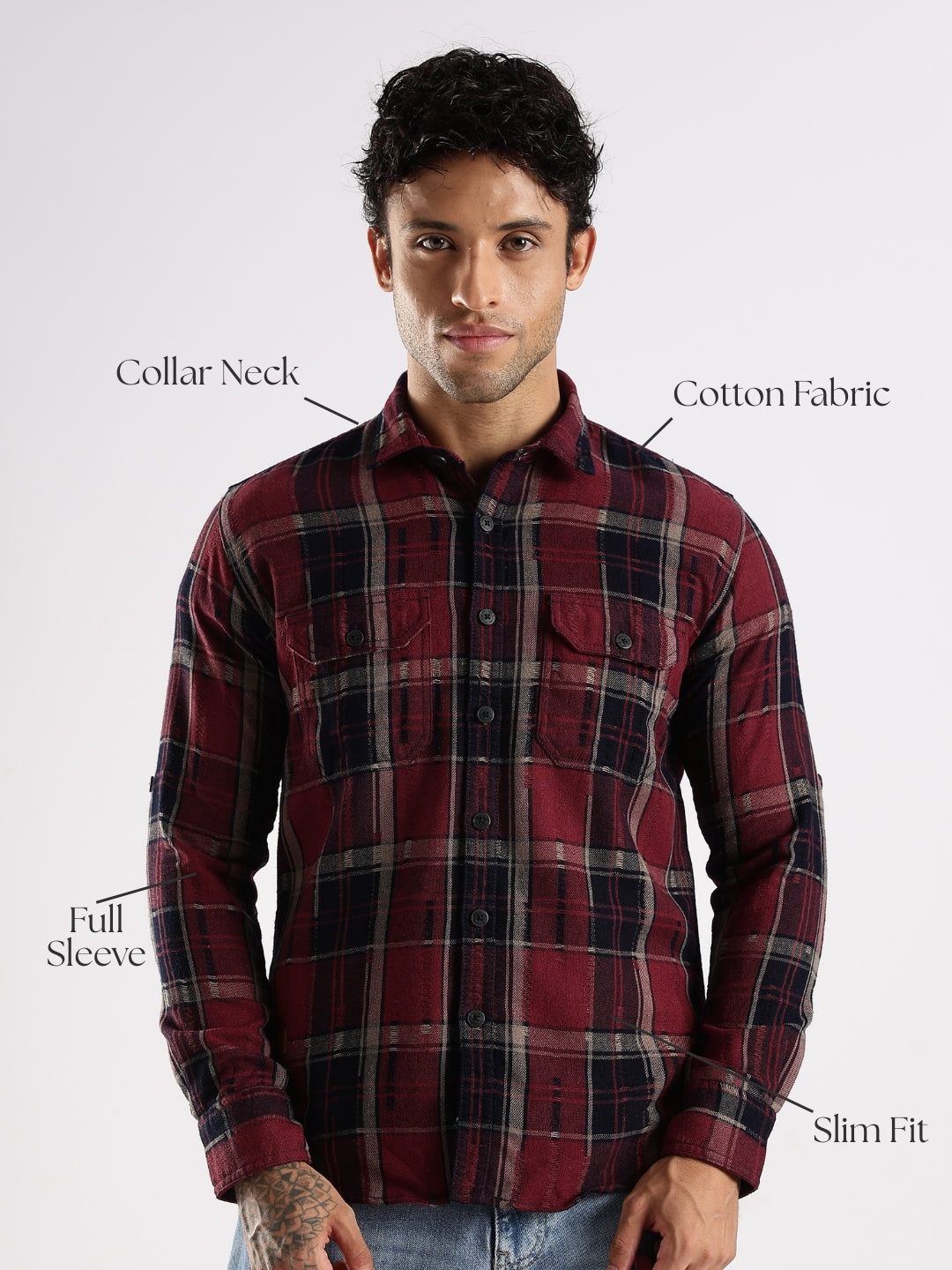 Men Red Turquoise Textured Checks Slim Fit Double Pocket Full Sleeve Shirt