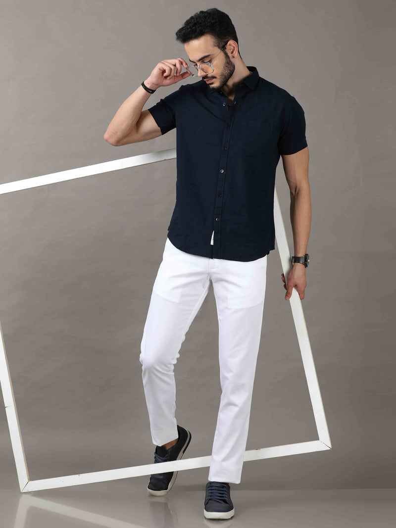 Shop Men's White Cotton Blend Narrow Fit Solid Causal Trouser Online.