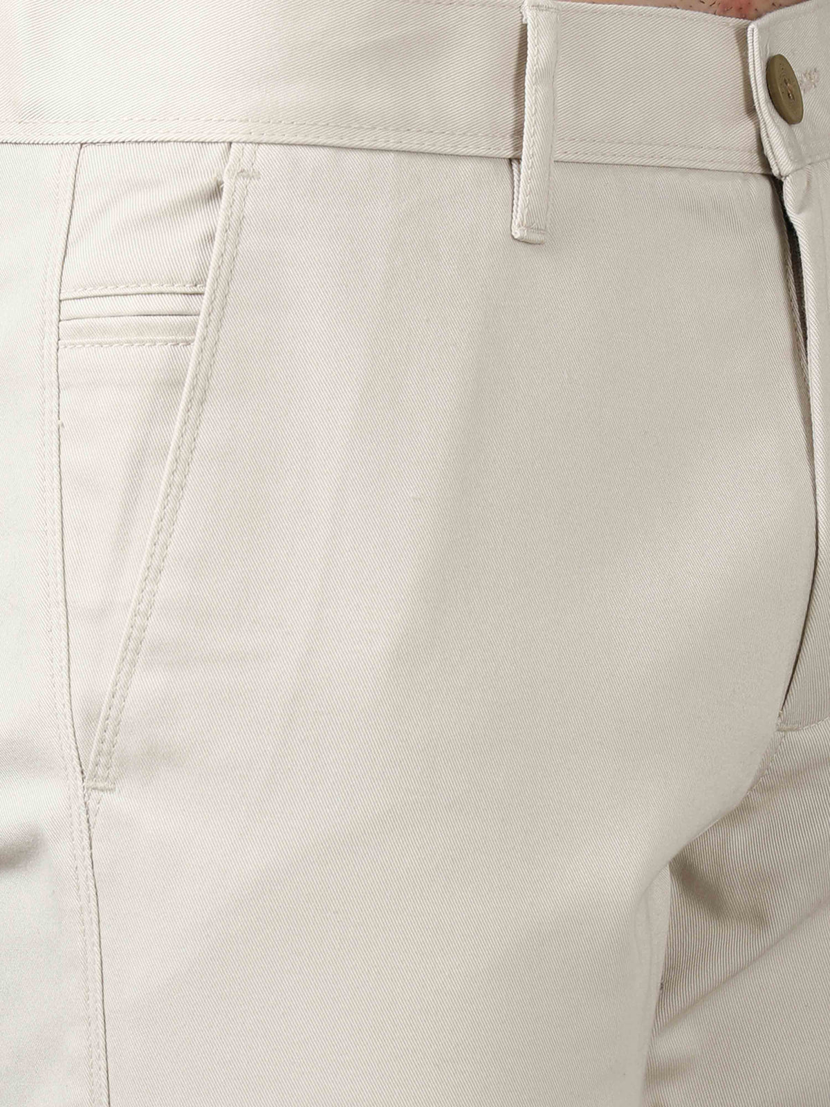 Men's Cream Cotton Blend Narrow Fit Solid Causal Trouser