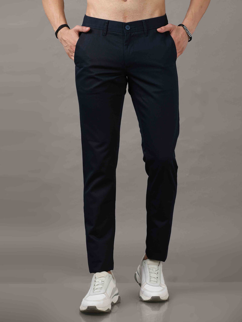 Shop Men's Navy Cotton Blend Narrow Fit Solid Causal Trouser Online.