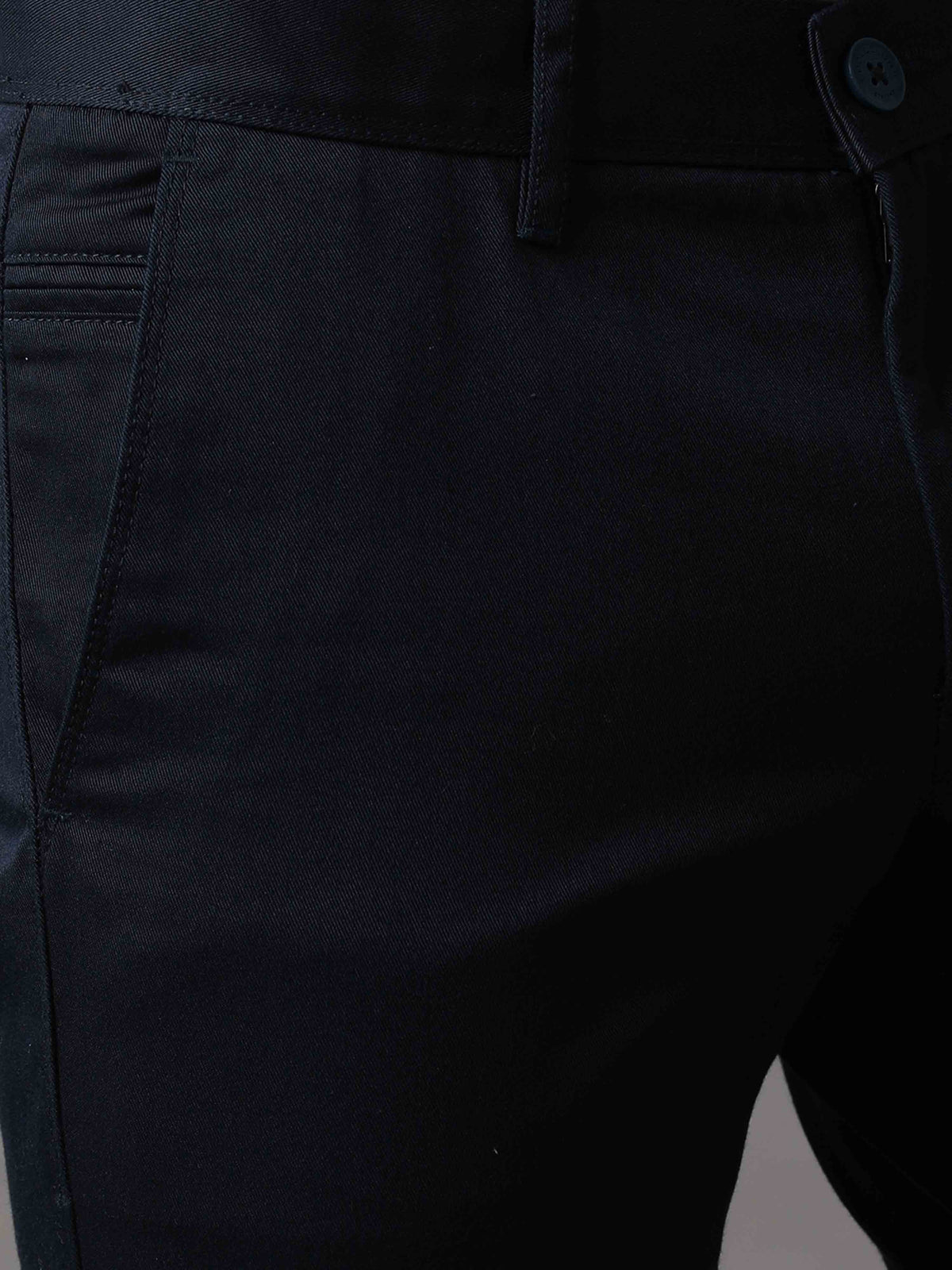Men's Navy Narrow Fit Cotton Blend Solid Causal Trousers