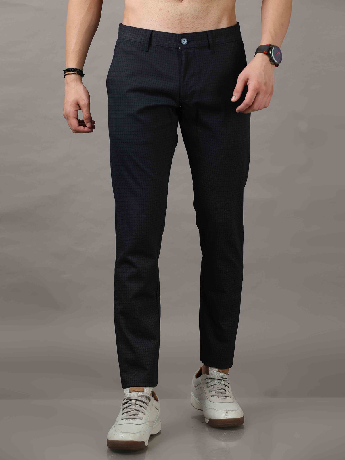 Shop Men's Navy Narrow Fit Cotton Checks Causal Trousers Online.