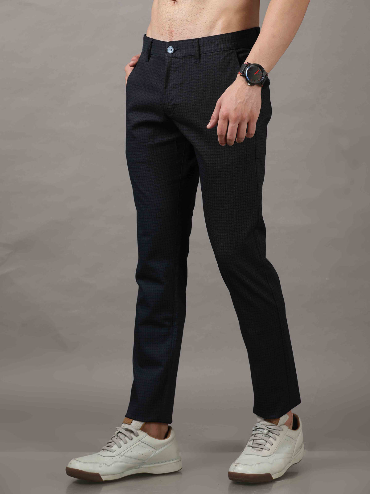 Shop Men's Navy Narrow Fit Cotton Checks Causal Trousers Online.