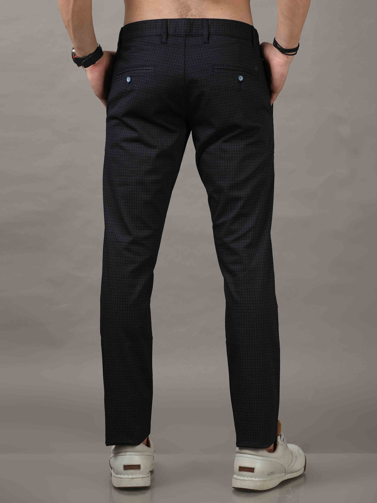 Men's Navy Narrow Fit Cotton Checks Causal Trousers