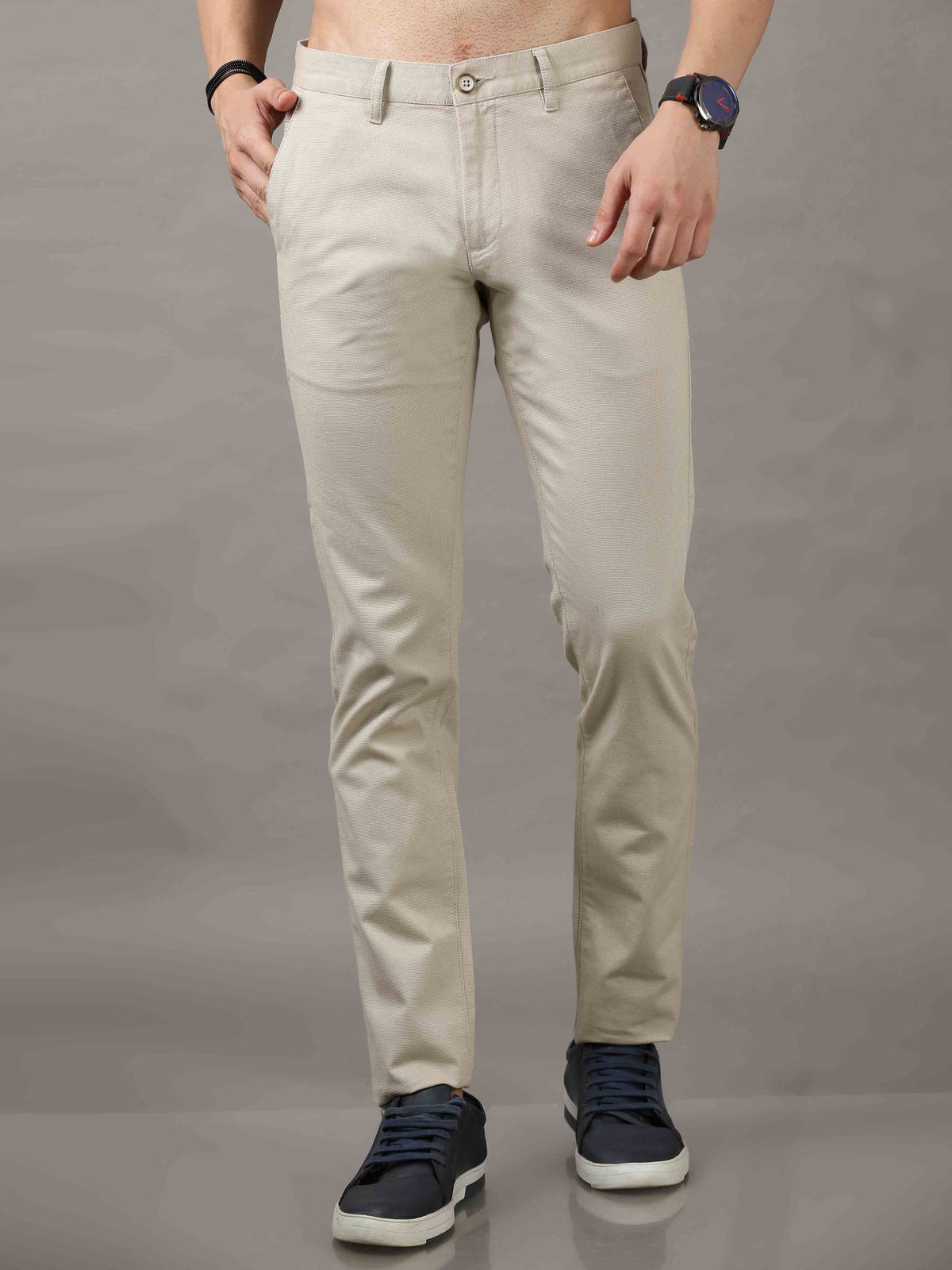 Shop Men's Cream Narrow Fit Cotton Solid Causal Trousers Online.