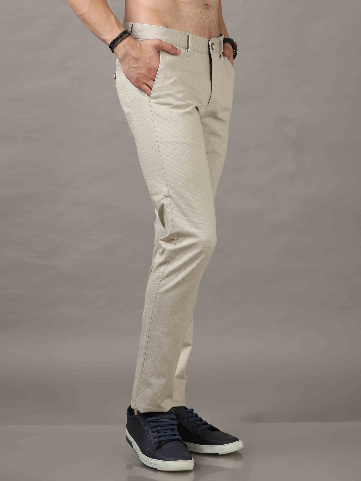 Shop Men's Cream Narrow Fit Cotton Solid Causal Trousers Online.