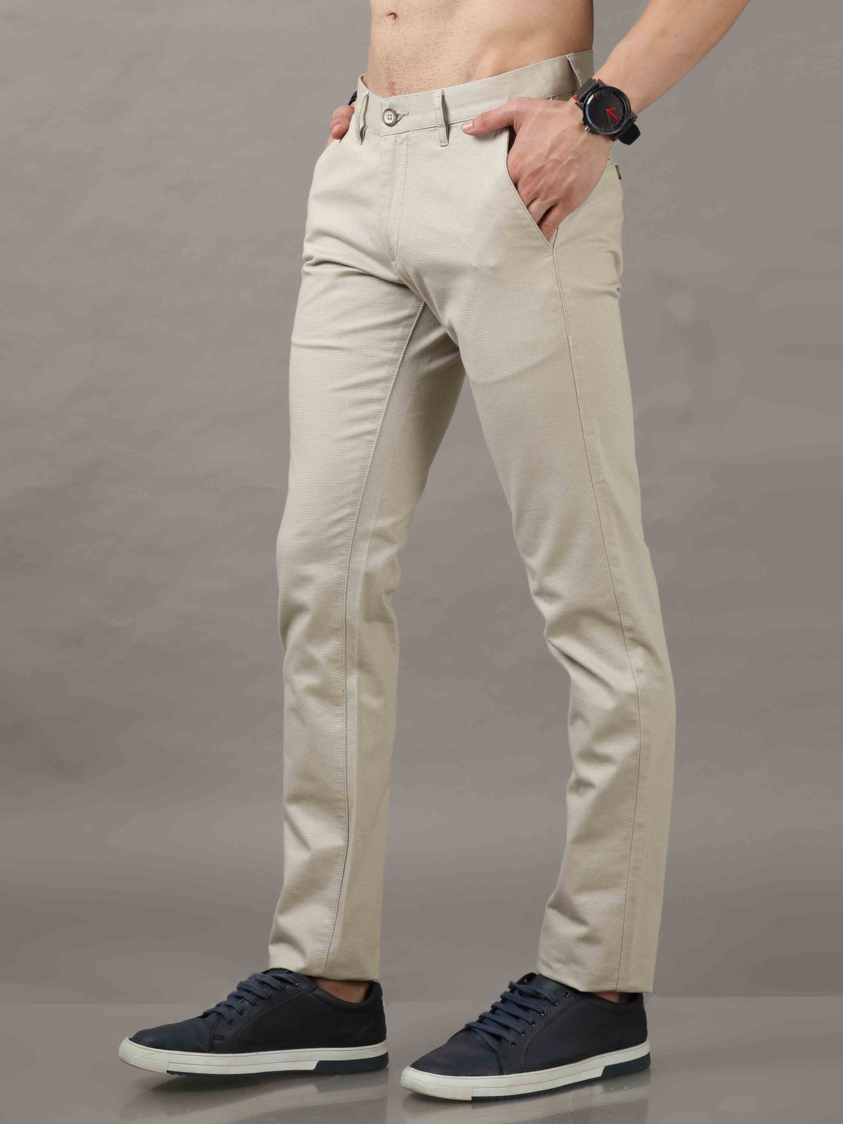 Shop Men's Cream Narrow Fit Cotton Solid Causal Trousers Online.