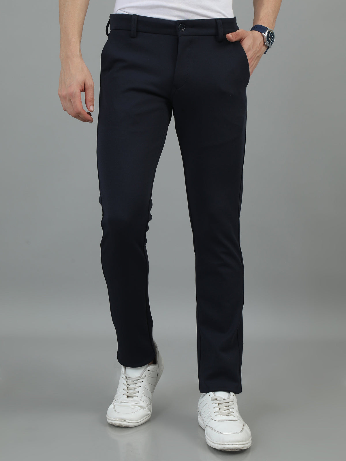 Men Navy Narrow Fit Solid 4-Way Lycra Casual Trousers