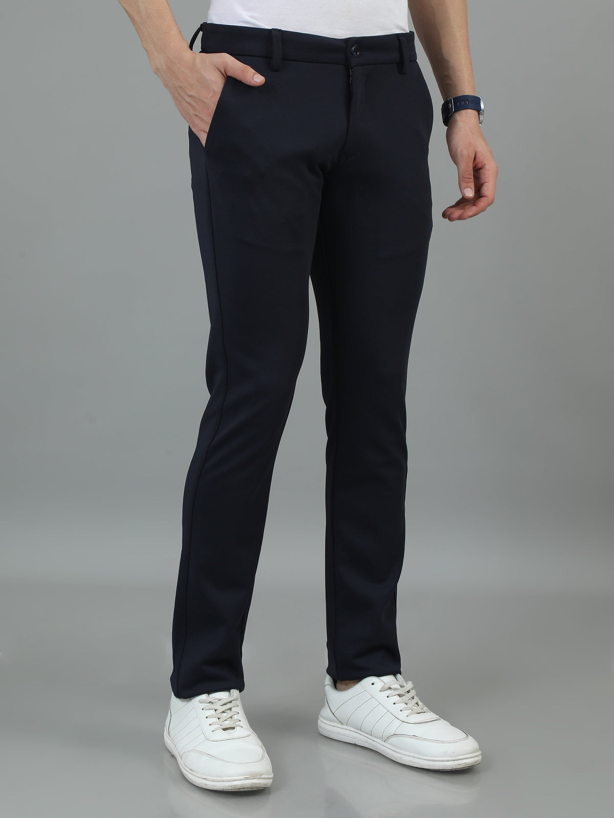 Men Navy Narrow Fit Solid 4-Way Lycra Casual Trousers