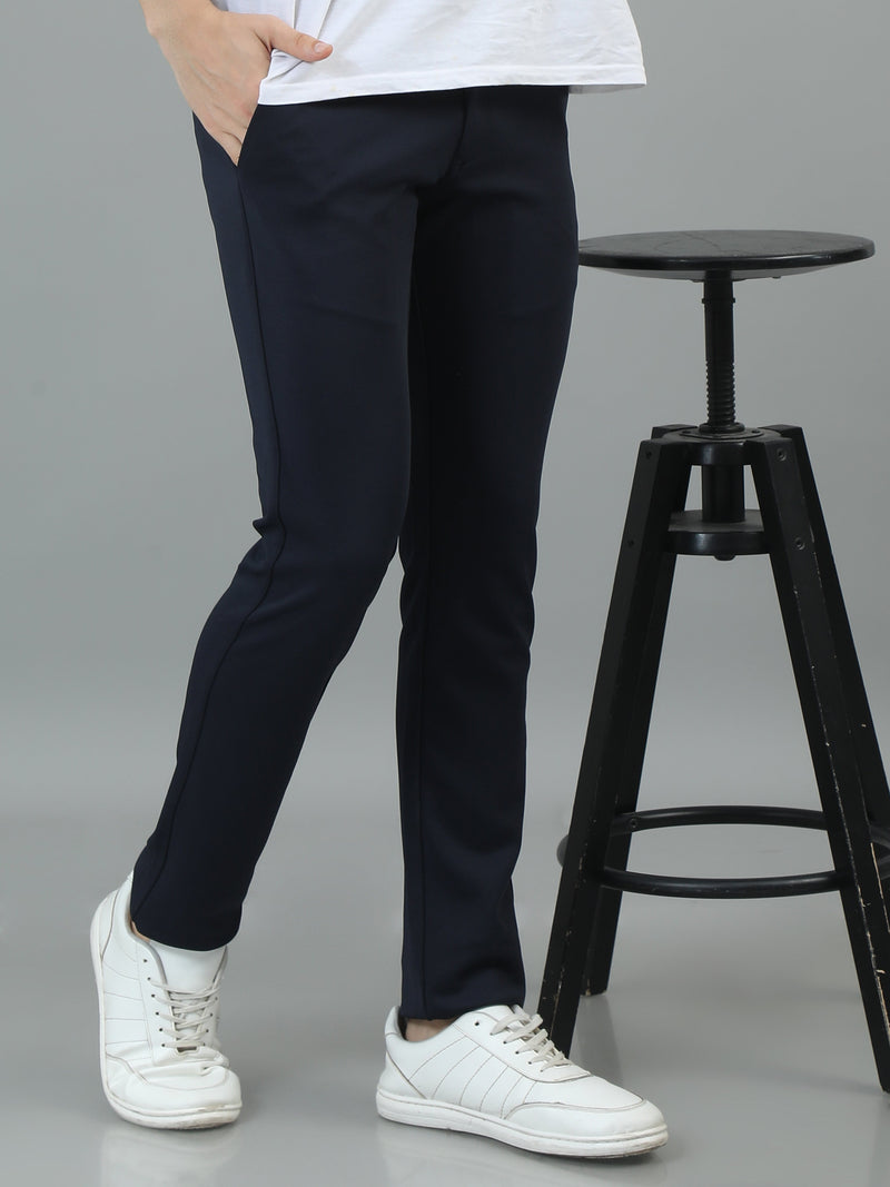 Men Navy Narrow Fit Solid 4-Way Lycra Casual Trousers