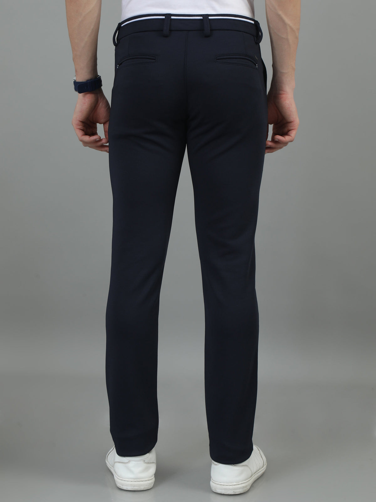 Men Navy Narrow Fit Solid 4-Way Lycra Casual Trousers