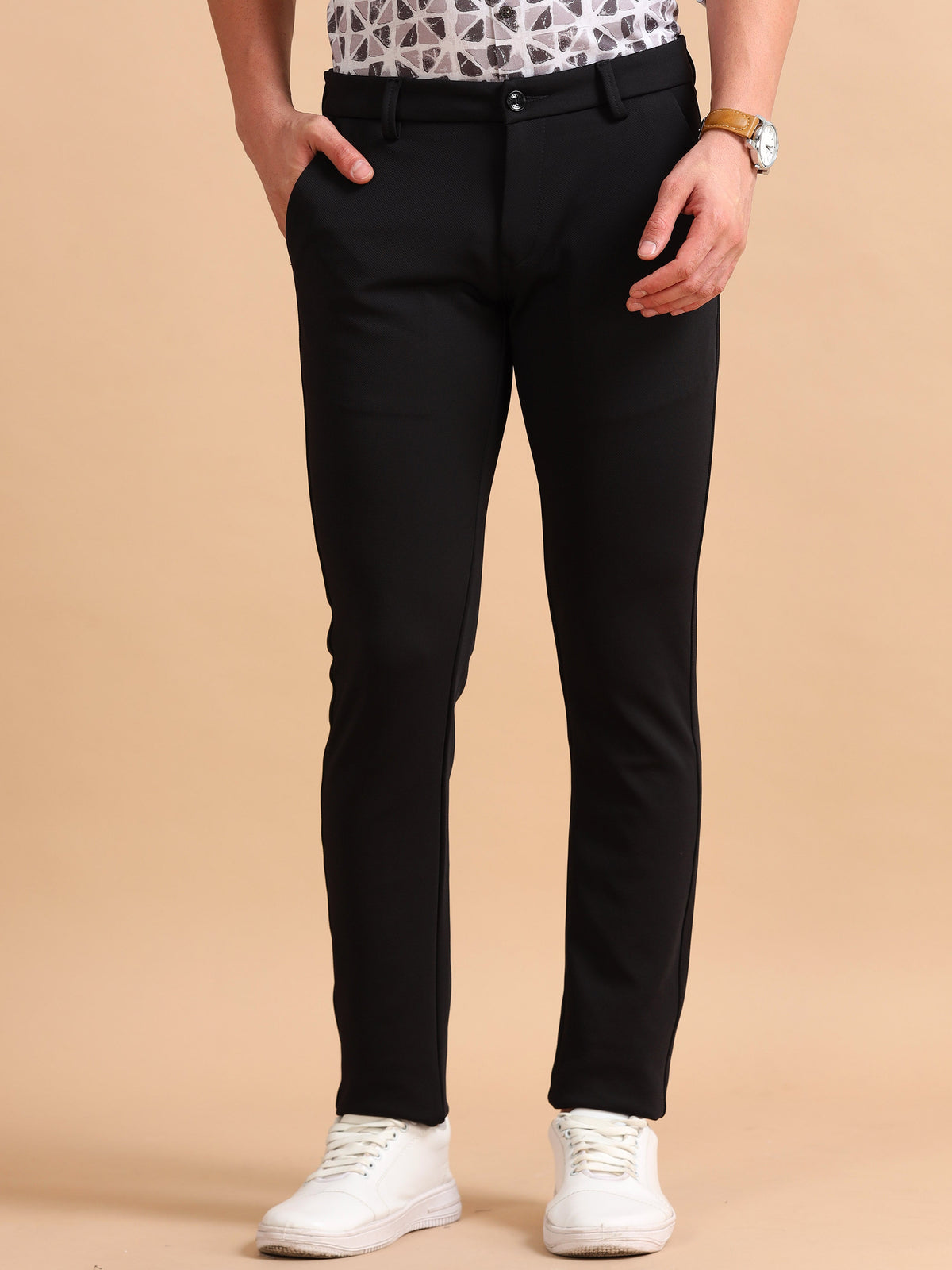 Men Black Narrow Fit Solid 4-Way Lycra Casual Trousers