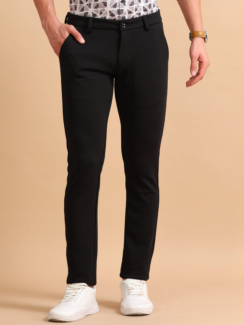 Men Black Narrow Fit Solid 4-Way Lycra Casual Trousers