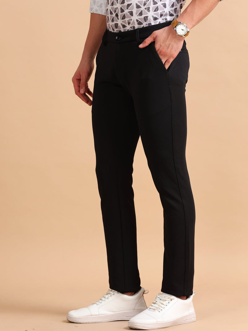 Men Black Narrow Fit Solid 4-Way Lycra Casual Trousers