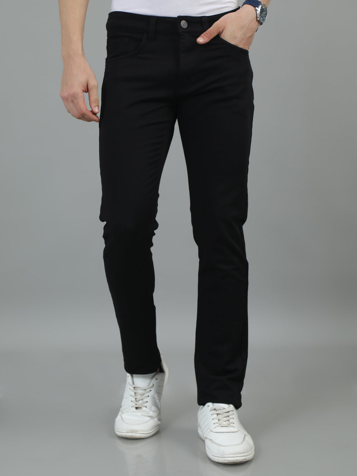 Men Navy Narrow Fit Solid Lycra Casual Trousers